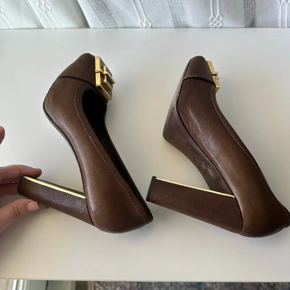 Tory Burch (7.5) Brown Leather Platform Heels- Art Deco, Buckle, Open Toe, Block